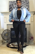 Load image into Gallery viewer, Sista/Woman: This Fashionable Denim Belted jacket always on trend. dress up or down a must have to your wardrobe, an all-around comfortable outerwear jacket.  Model 2X, Fabric Cotton
